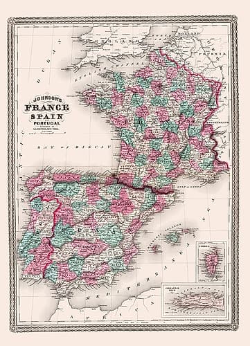 Europe Spain France Portugal - Johnson 1865 Art Print
