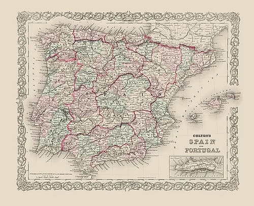 Spain Portugal - Colton 1886 Vintage Print
