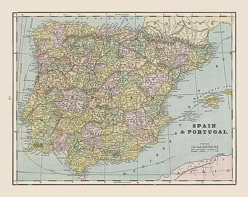 Spain Portugal - Cram 1892 Vintage Print