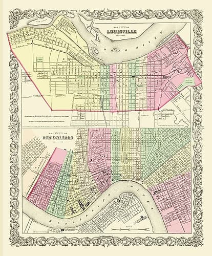 Louisville and New Orleans - Colton 1857 Vintage Print
