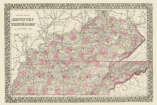 Kentucky, Tennessee Counties - Mitchell 1879 Vintage Print