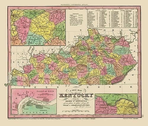 Kentucky, Tennessee Counties - Tanner 1833 Vintage Print