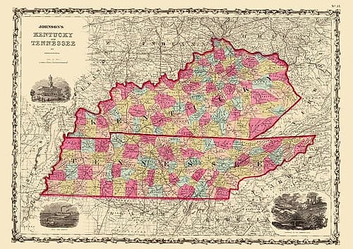 Kentucky, Tennessee - Johnson 1864 Vintage Print