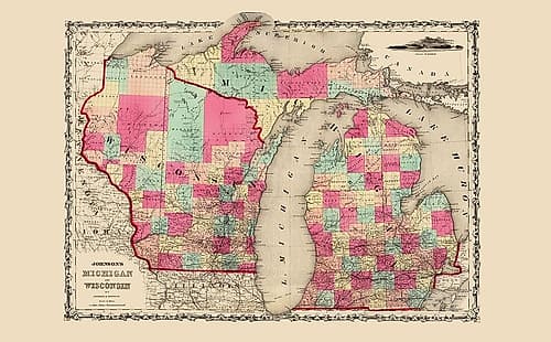 Michigan, Wisconsin - Johnson 1860 Vintage Print