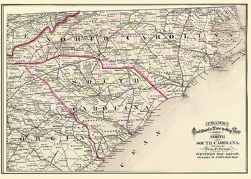 North Carolina, South Carolina - Cram 1875 Vintage Print