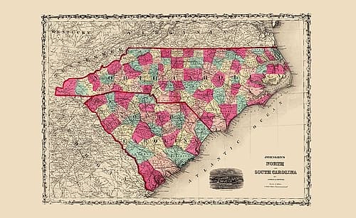North Carolina, South Carolina - Johnson 1860 Vintage Print