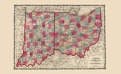Ohio, Indiana - Johnson 1860 Vintage Print