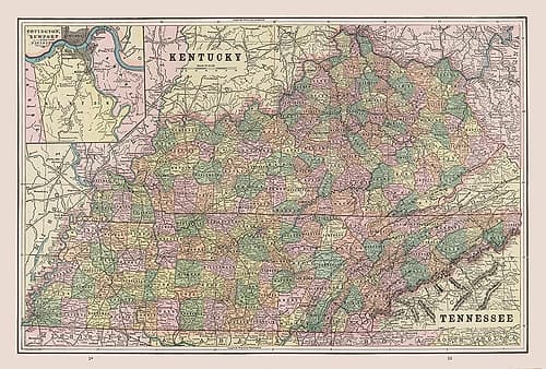 Kentucky - Tennessee - Cram 1892 Vintage Print