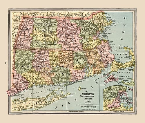 Massachusetts, Rhode Island - Cram 1888 Vintage Print