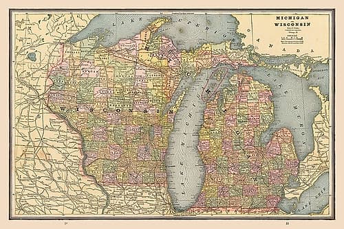 Michigan, Wisconsin - Cram 1888 Vintage Print