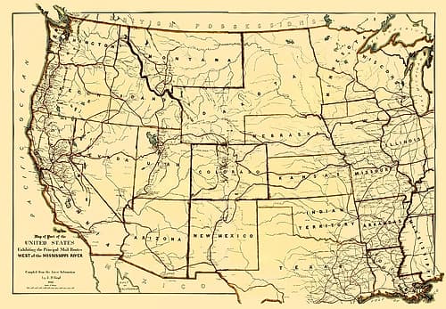 Mail Routes West of the Mississippi River Vintage Print