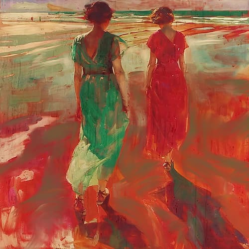 Sisters in Red Beach Print