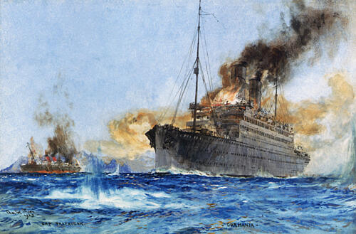 Carmania Sinking Cap Trafalgar off Trinidad 14 Sept 1914 Art Print by Charles Edward Dixon