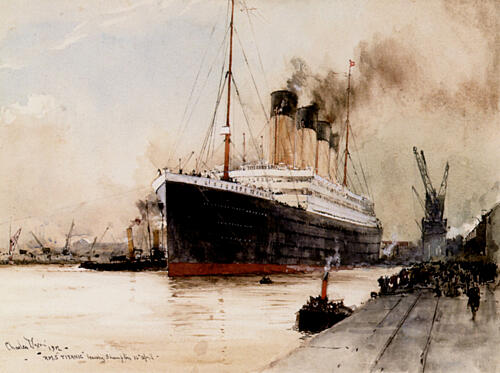 Rms Titanic Clearing the Dockside at Southampton 10th April 1912 Art Print by Charles Edward Dixon