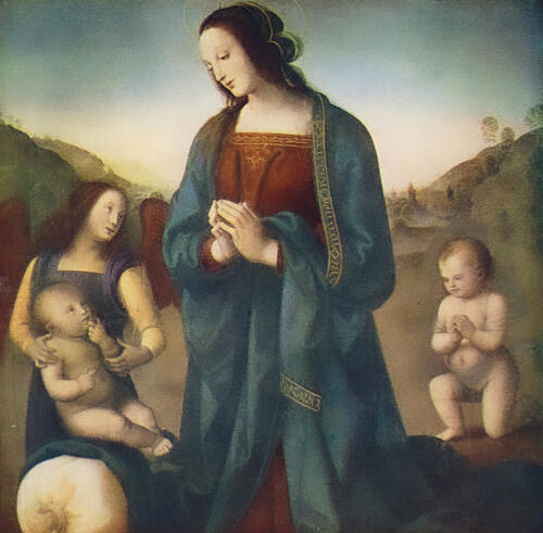 Adoration of Holy Child, Arthur Mees Childrens Enc. 1930s Art Print by Pietro Perugino