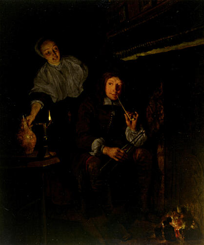 A Man Smoking a Pipe at a Fireplace Ca 1656-8