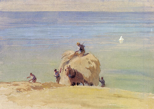 Stacking Hay by the Sea