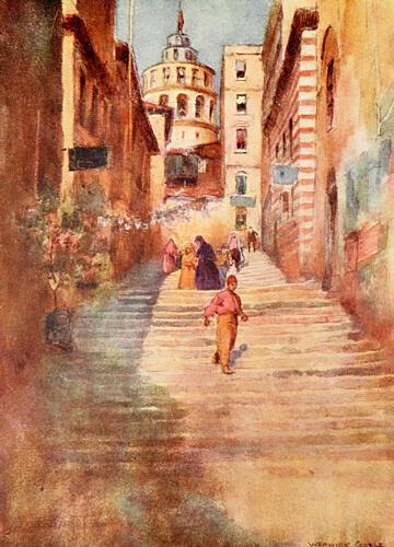 A Step Street in Galata, Constantinople 1906 Art Print by Warwick Goble
