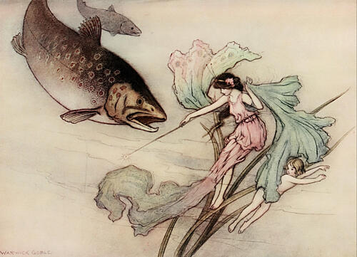 A Great Trout Rushed out on Tom, the Water-Babies 1909 Art Print by Warwick Goble