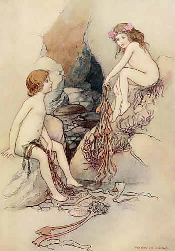 A Water-Baby, Sitting on the White Sand, the Water-Babies 1909 Art Print by Warwick Goble