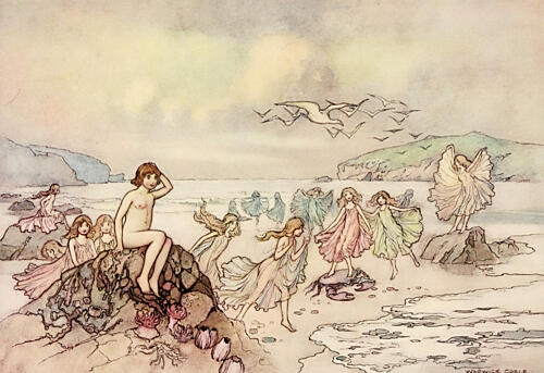 Sitting on a Rock Among Shining Sea-Weeds, the Water-Babies 1909 Art Print