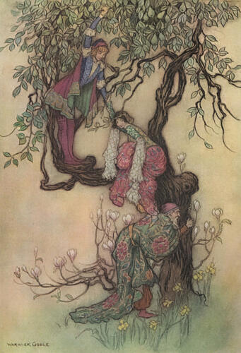 January Helping May into the Tree, Works of Geoffrey Chaucer 1912 Art Print
