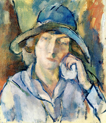 Hermine in a Blue Hat 1918 Art Print by Jules Pascin