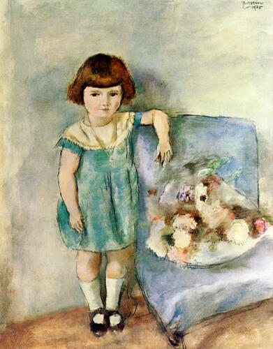 Little Girl Beside a Bunch of Flowers Art Print by Jules Pascin