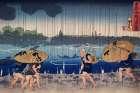People Walking Beneath Umbrellas Along the Seashore During a Rainstorm Art Print