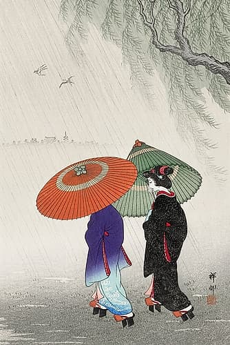 Two women in the rain Art Print