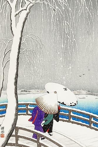 Two women in the snow on Yanagi Bridge Figurative Print