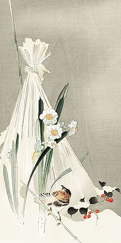 A bird with narcissus flowers and a hay bundle Art Print