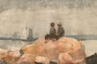 Two Boys Watching Schooners Art Print