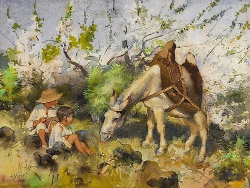 Summer landscape with children and donkey Art Print
