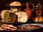 Still Life with Cheeses, Almonds and Pretzels Art Print