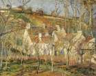 Red roofs, corner of a village, winter Art Print