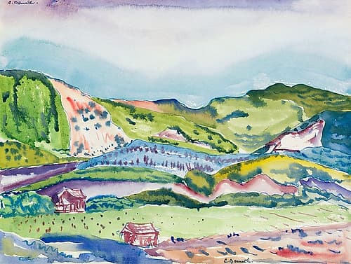Mountain with Red House Landscape Print