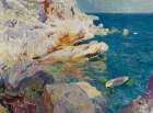 Rocks of Javea and the white boat Art Print