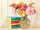 Dahlias and Colorful Books Art Print