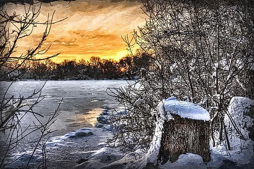 Frozen Lake at Sunset Landscape Print