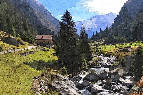 Streamside Mountain Chalet Landscape Print