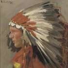 Profile of an Indian Chief with Head dress Vintage Print