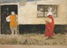 Study of street scene, man at door, woman in red dress Traditional Print