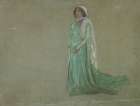 Study, woman in long green dress, pink scarf Traditional Print