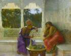 Figures in an interior with garden of palms beyond Traditional Print