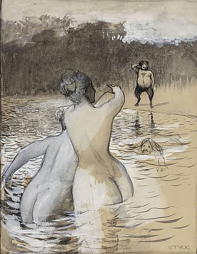 Faun and bathing mermaids Art Print