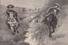 Dragging a Bulls Hide over a Prairie Fire in Northern Texas 1888 Art Print