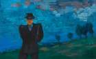 Mann mit schwarzem Anzug und Hut in Landschaft 1943 Art Print