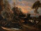 A Wooded Landscape at Sunset Art Print