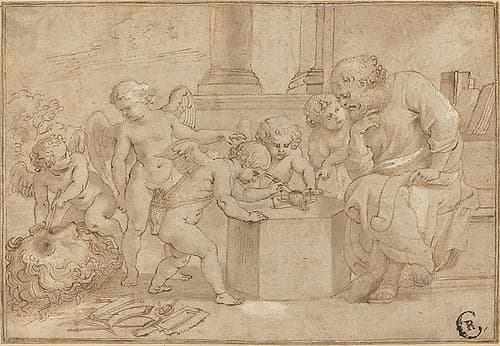 Elderly Man Watching Putti Dissect an Eye 1613 Renaissance Print